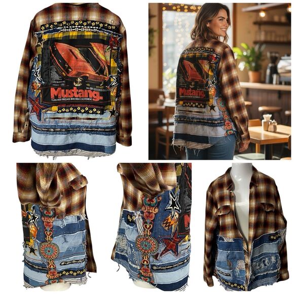 Upcycled Flannel Shirt Shacket Womens 3XL Mustang Grunge Patchwork Mechanic Cars - Picture 3 of 16